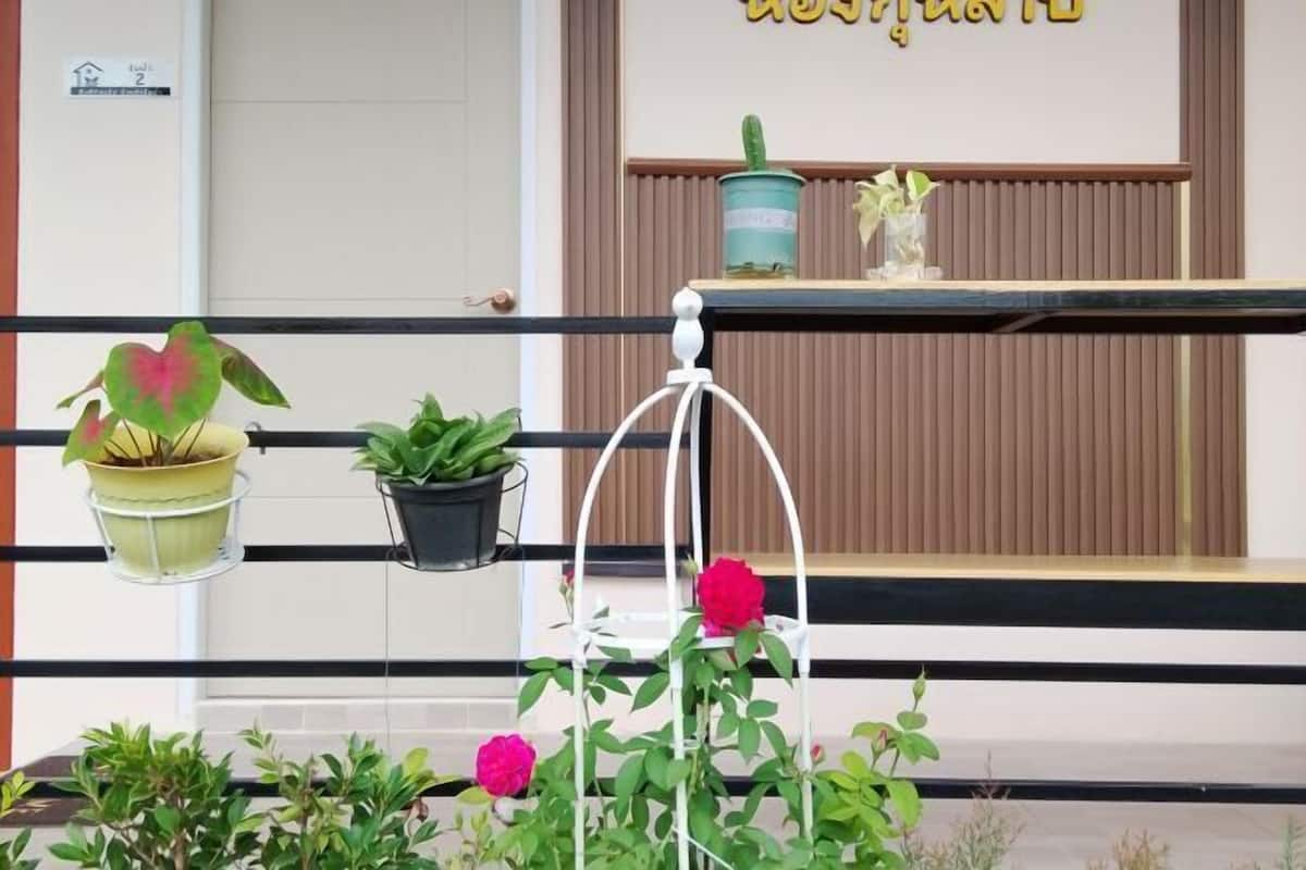 A hotel reception area with a plant display, a sign with Arabic text, and a potted cactus.