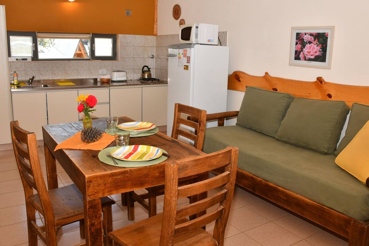 Cocina compacta con microondas, tostadora y lavabo. Una mesa de comedor de madera con sillas dispuesta para dos personas, y un sofá verde al fondo.