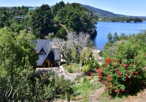 A cabin with a metal roof, surrounded by dense greenery and a lake.