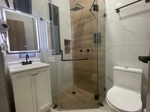 Hair dryer, towels, soap, toilet paper