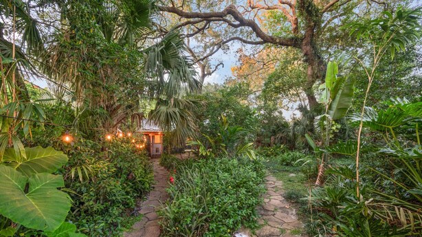 Un vialetto nel giardino conduce a una piccola costruzione decorata con luci a tendina, circondata da una vegetazione rigogliosa.