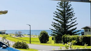 A view of a residential street with a large coniferous tree, a playground, and a body of water in the background.