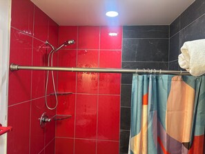 Chuveiro, secador de cabelo, sabonete, papel higiênico