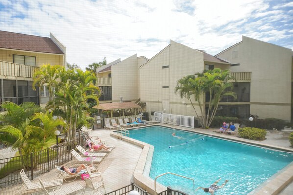 A swimming pool area with lounge chairs and palm trees.