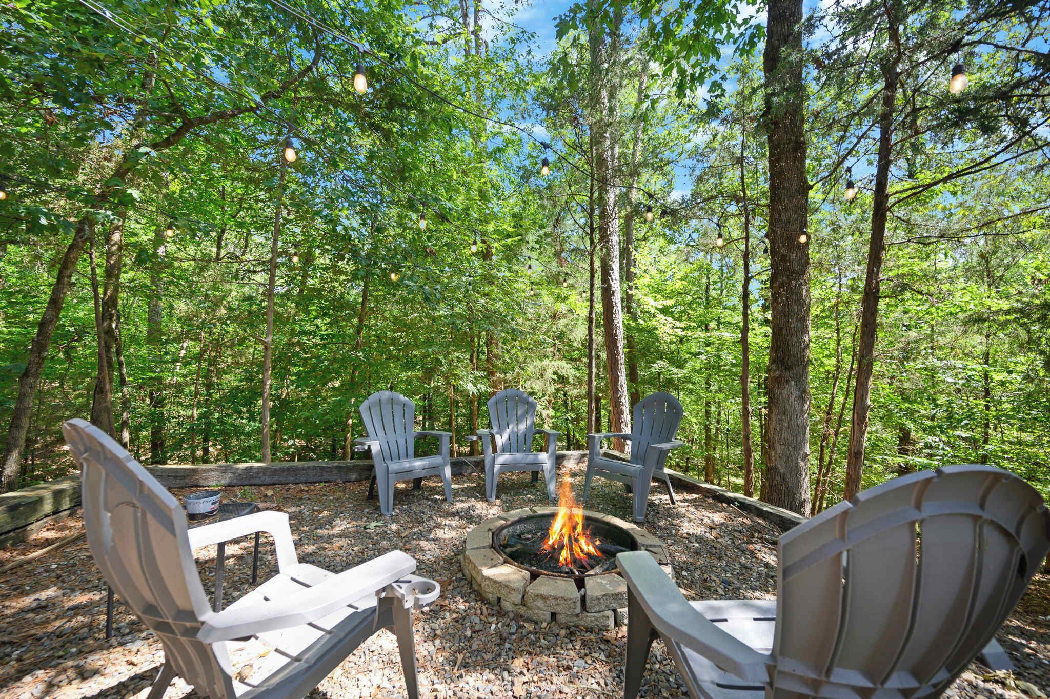 A forested area with a fire pit surrounded by Adirondack chairs.
