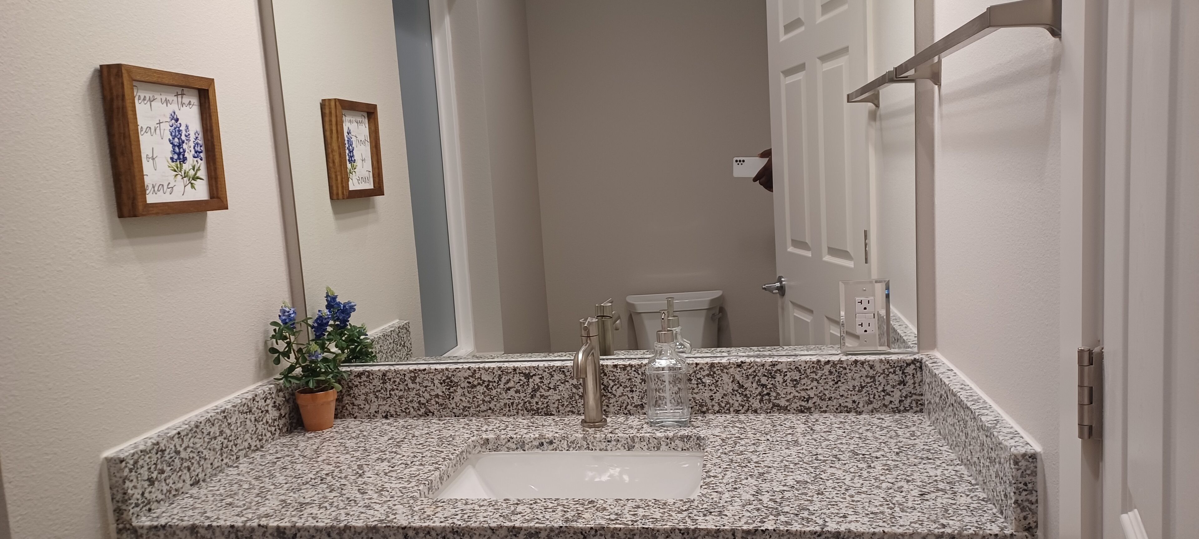 Une salle de bain avec un comptoir en granit, un lavabo blanc, un miroir et deux tableaux encadrés au mur.