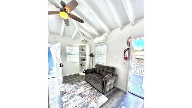 Una habitación con ventilador de techo, un sofá gris, un tapete estampado y vistas al exterior.