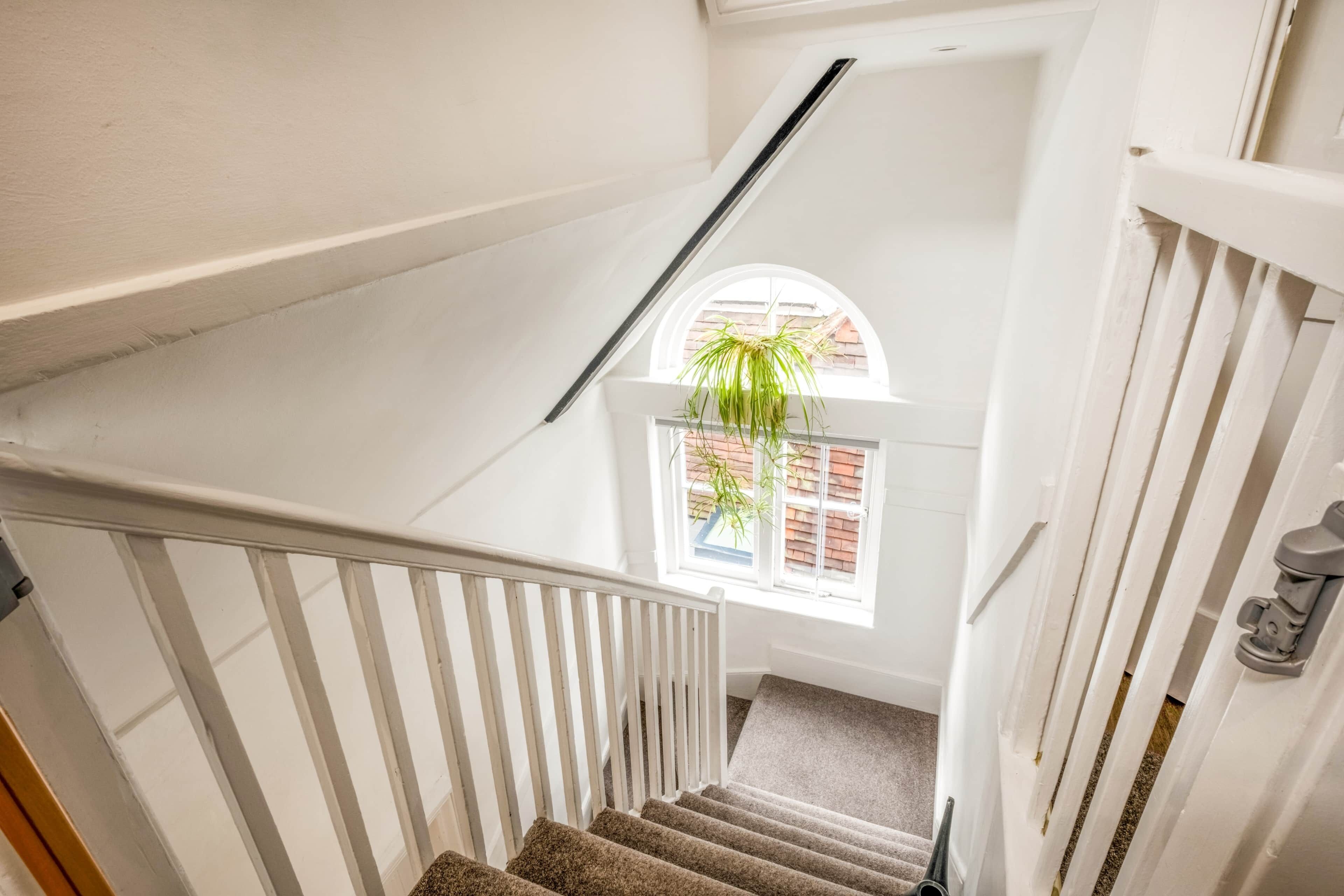 A staircase with white railings, carpeted steps, and a view of a brick building through a window.