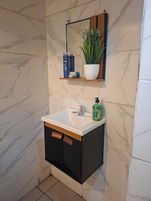 Shower, towels, soap, toilet paper