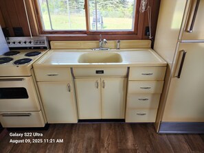 Een microgolfoven, een oven, een kookplaat