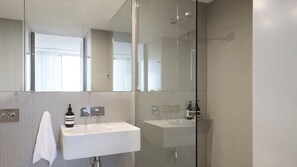 Shower, hair dryer, towels