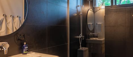 Shower, hair dryer, towels, soap
