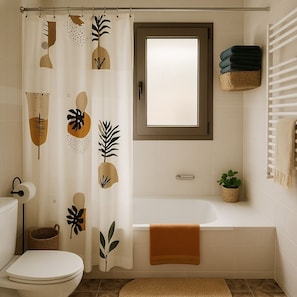 Shower, hair dryer, bidet, towels