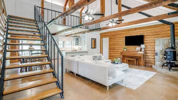 Smart TV, fireplace, books