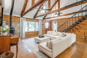 Smart TV, fireplace, books