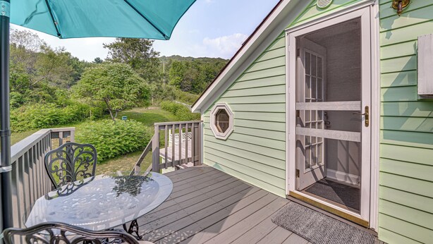 A green house with a deck, a glass table, and a door with a screen. - Quaint & Charming Cherry Valley Escape! (Cherry Valley)