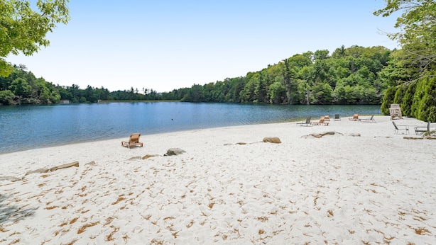 A beach with white sand, clear blue water, and a forested area in the background. - Charming 3BR Cottage w/ Full Kitchen, Community amenities, Patio, and Gas Grill (Newland)