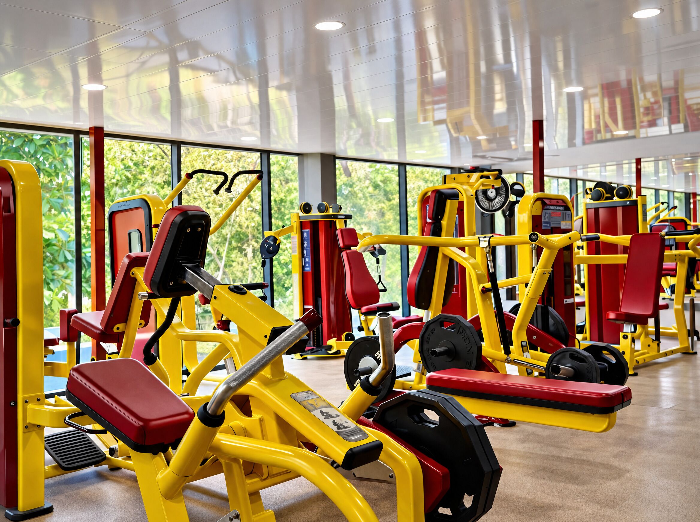 A gym with various exercise machines, large windows, and a clean, modern interior.