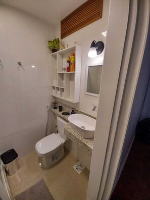 Shower, hair dryer, toilet paper