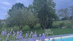 A swimming pool surrounded by lush greenery and trees. - Le Jardin Des Dames Lavandes (Ganties)