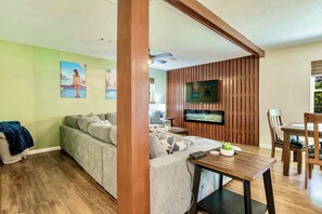 Smart TV, chimenea y libros 