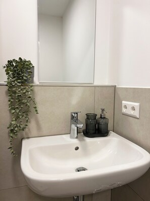 Shower, towels, soap, toilet paper