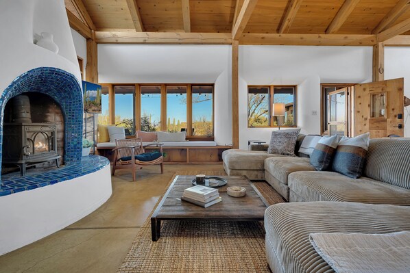 Smart TV, chimenea y libros 