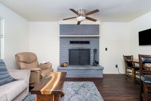 Smart TV, fireplace, books