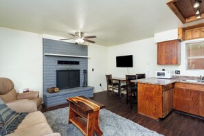 Smart TV, fireplace, books