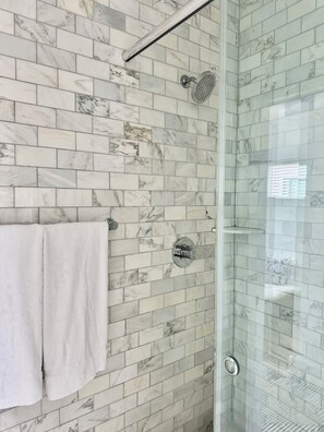 Shower, towels, soap, shampoo