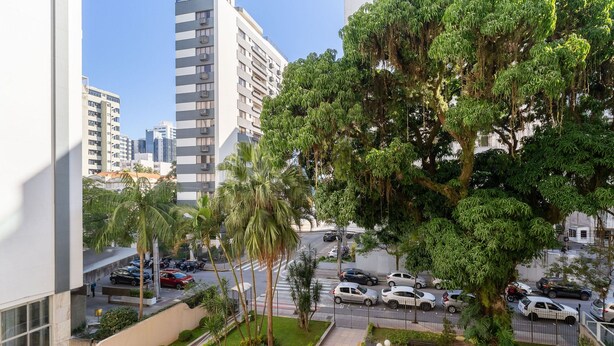 Un barrio residencial con un árbol grande, una calle con autos estacionados y edificios altos al fondo.