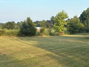 A grassy field with trees and a red building in the background.