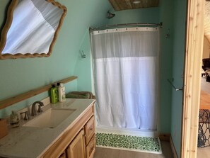 Shower, hair dryer, towels, soap