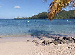 On the beach, sun loungers