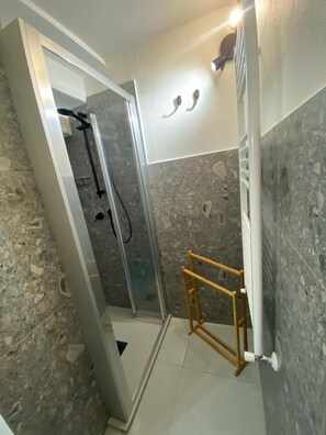 Shower, hair dryer, bidet, towels