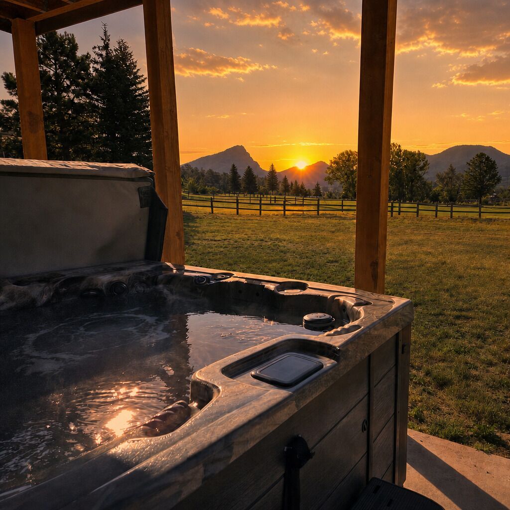 Ein Whirlpool mit Holzrahmen, ein kleines Waschbecken und Blick auf einen Sonnenuntergang über Bergen.