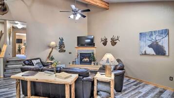 Smart TV, fireplace, DVD player, books