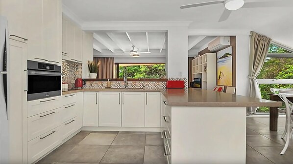 Fridge, microwave, oven, toaster