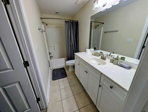 Hair dryer, towels, soap, toilet paper