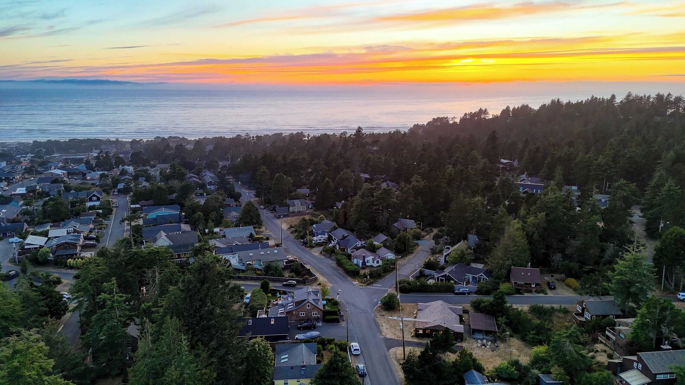 An aerial view of a residential area with houses, roads, and a forested area.