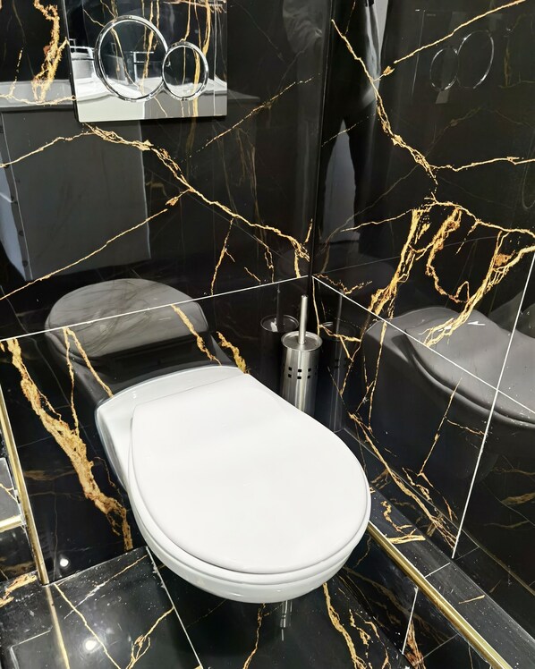 Douche, séchoir à cheveux, serviettes fournies, savon