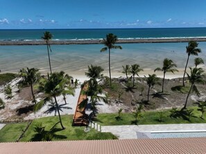 A beach view with palm trees, a wooden deck, and a clear sky.