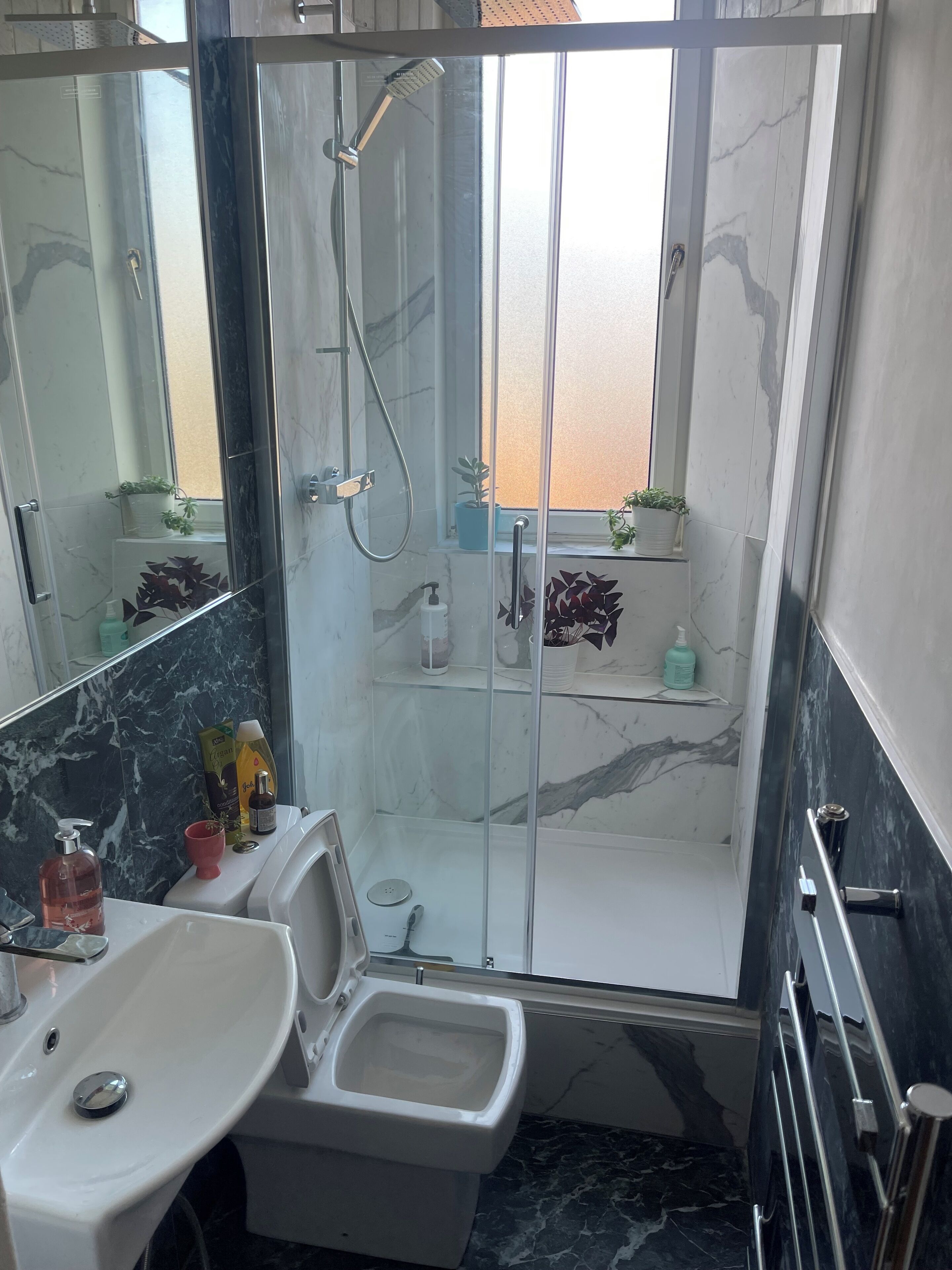 Shower, hair dryer, bidet, towels