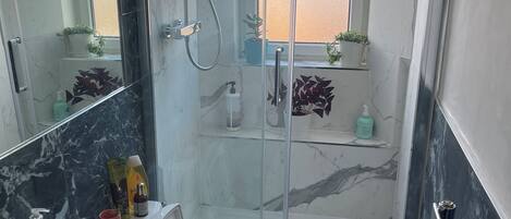Shower, hair dryer, bidet, towels