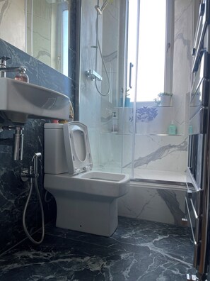 Ducha, secador de pelo, bidet, toallas