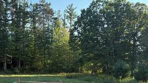 Un espacio al aire libre cercado con un campo de césped, una valla de madera y un camino de grava.