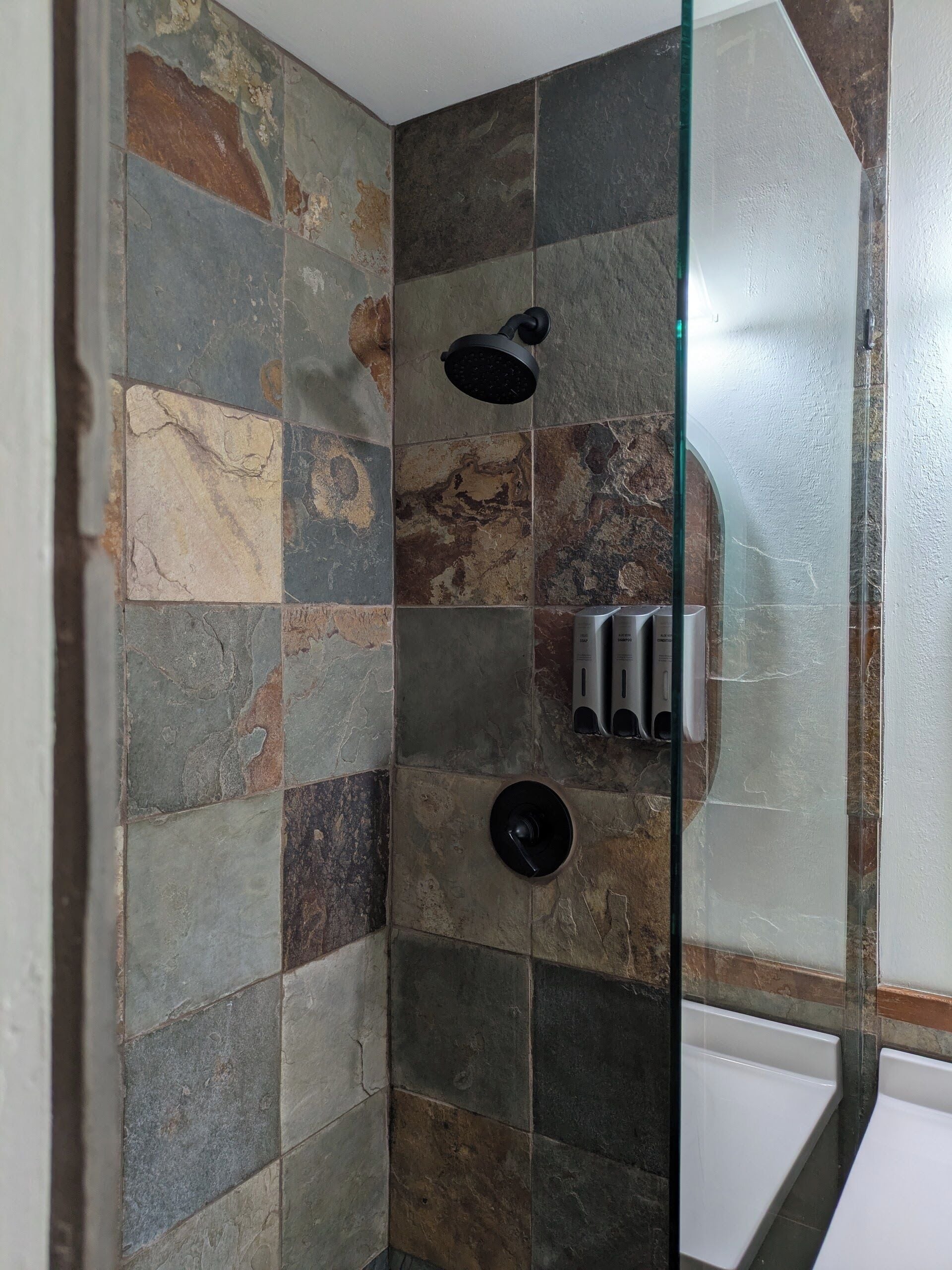 Ducha, secador de pelo, toallas, jabón