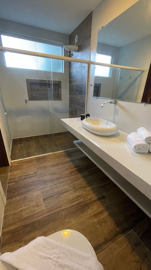 Basic Villa | Bathroom | Shower, hair dryer, towels, toilet paper