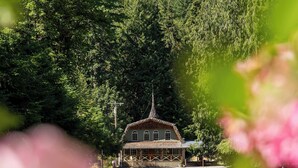 A rustic building with a steep roof, surrounded by dense forest and a clear sky.