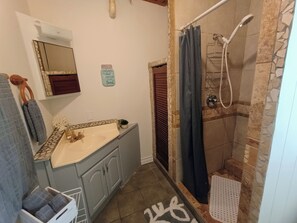 Shower, towels, toilet paper